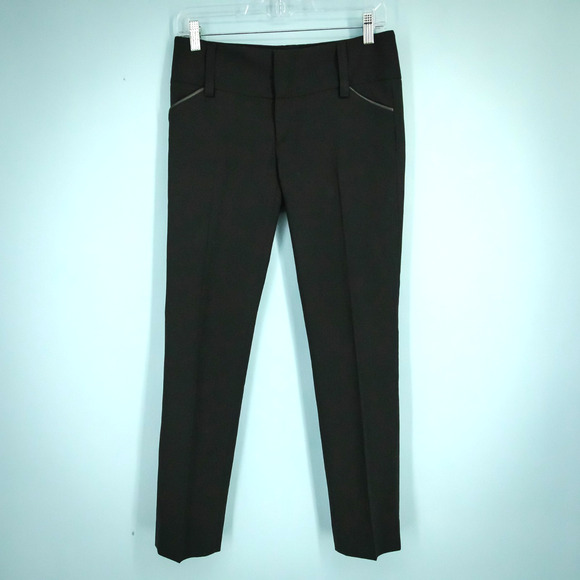 Alice + Olivia Size 0 Black Lamb Leather Trim Tapered Slim Fit Ankle Wool Pants - Picture 1 of 9